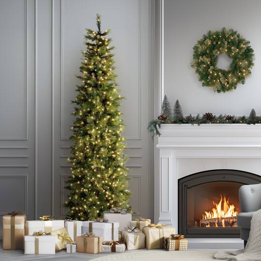 9 ft. Pre-Lit Carolina Pine Slim Artificial Christmas Tree with Flocked Pine Cones, Clear Lights